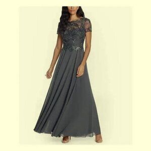Xscape Charcoal Gray Beaded Sequin Chiffon Short Sleeve Gown